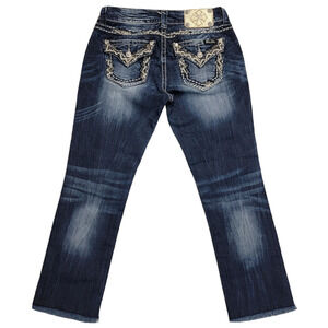 Miss Me Stretch Crop Raw Hem Jewel Flap Pockets Mid-Rise Sz 26 Blue Jeans Womens